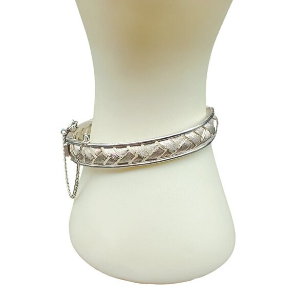 Vintage Crown Trifari Hinged Bangle Bracelet in Silver Tone with Safety Chain - Picture 3 of 5